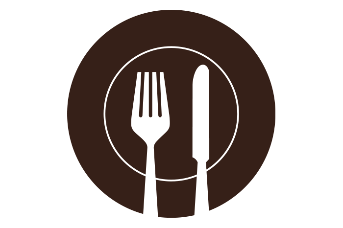 Enjoy1_Brown Icon of a plate with a fork and knife, symbolizing dining and culinary experiences.